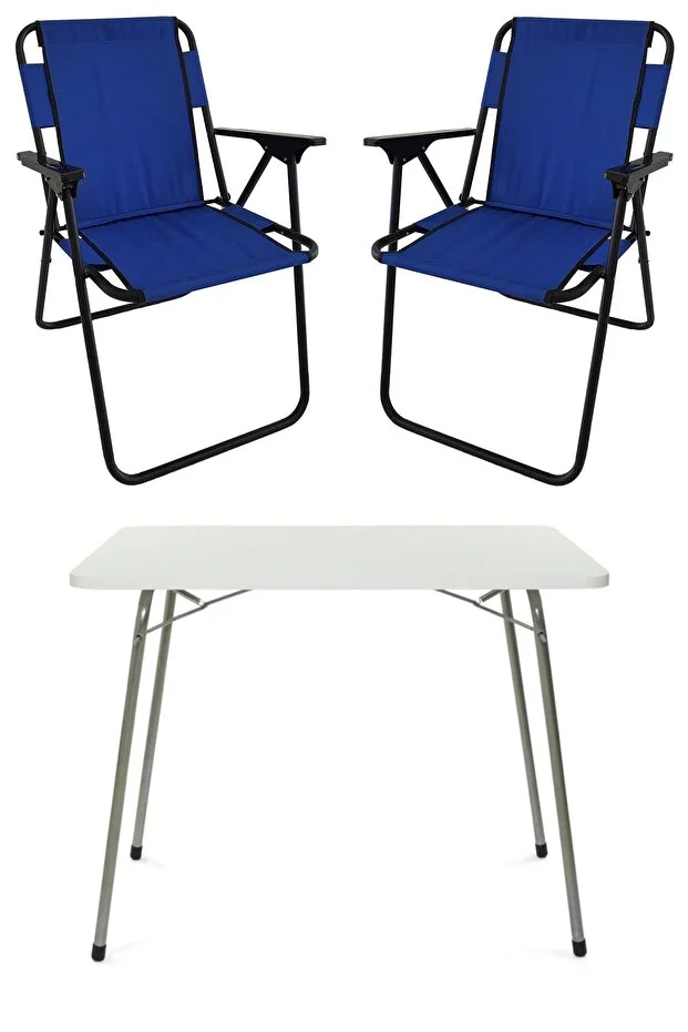 60x80 Beyaz Katlanır Masa + 2 Adet Katlanır Sandalye Kamp Seti Bahçe Takımı Mavi